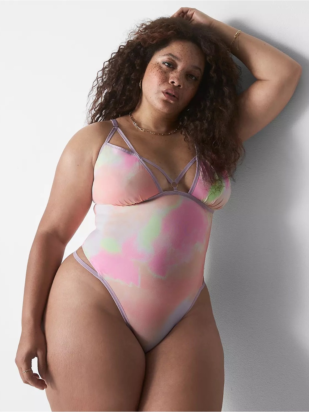 NWT Cacique Lane Bryant Microfiber Strappy Bodysuit Thong Lingerie Shy Dye 26 28
